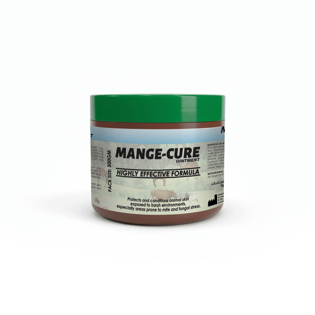 Description: MANGE-CURE OINTMENT is a veterinary topical product specially formulated to support skin health and hygiene in cattle, sheep, goats, and companion animals. It helps protect against external parasites, fungi, and insects that cause skin irritation, ensuring healthy skin and improved animal comfort. Benefits: Effective in reducing mange and external parasite infestations. Supports skin hygiene and prevents harmful microbial buildup. Promotes skin healing and protects sensitive areas from harsh conditions. Relieves irritation and itching caused by parasites. Directions for Use: Clean the affected area thoroughly before application. Apply an adequate amount of MANGE-CURE OINTMENT and massage gently to ensure full coverage. Repeat once daily for up to 5 days or until recovery. Notes: For veterinary use only. Store in a cool, dry place below 30°C, away from children. Withdrawal Period: Meat: 0 days. Milk: 0 days.