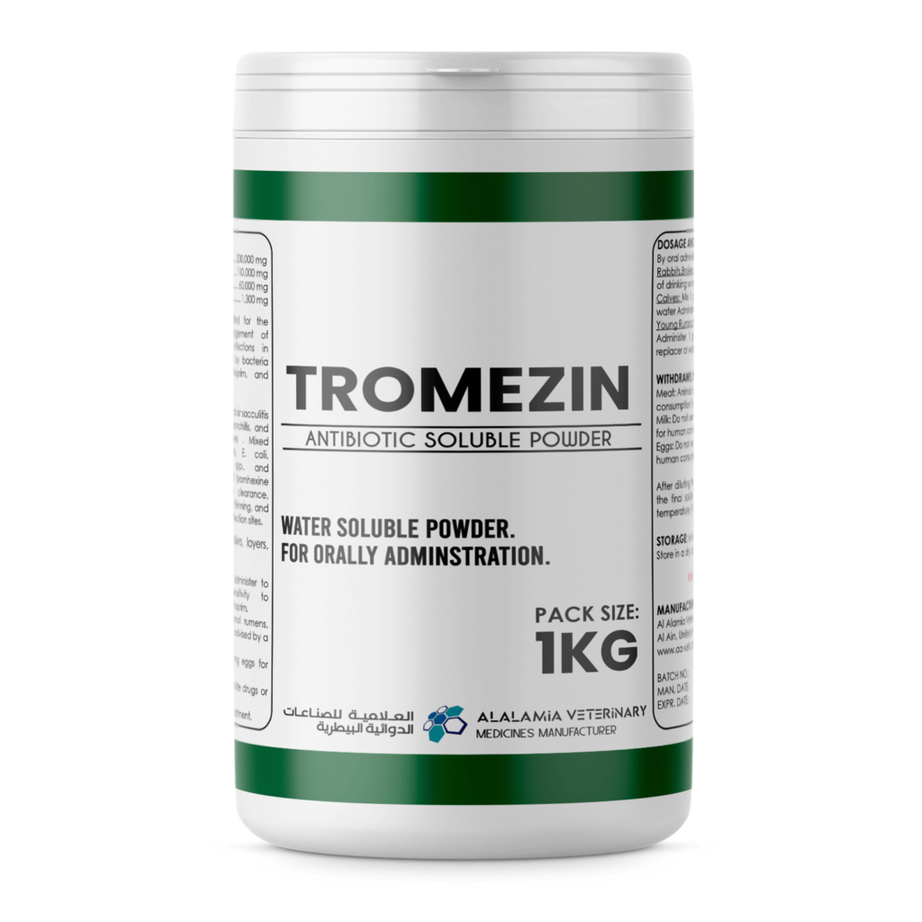 TROMEZIN is a water-soluble veterinary antibiotic powder for the treatment and supportive management of respiratory and gastrointestinal infections in poultry, rabbits, calves, and small ruminants. Effective against bacteria sensitive to tetracycline, trimethoprim, and sulfonamides. TROMEZIN, veterinary antibiotic, poultry antibiotic, rabbit antibiotic, calf antibiotic, respiratory infection treatment, gastrointestinal infection treatment, tetracycline veterinary, sulfonamides, veterinary medicine UAE.